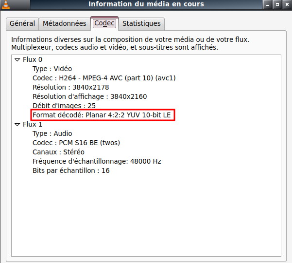 Informations sur le codec vidéo avec VLC